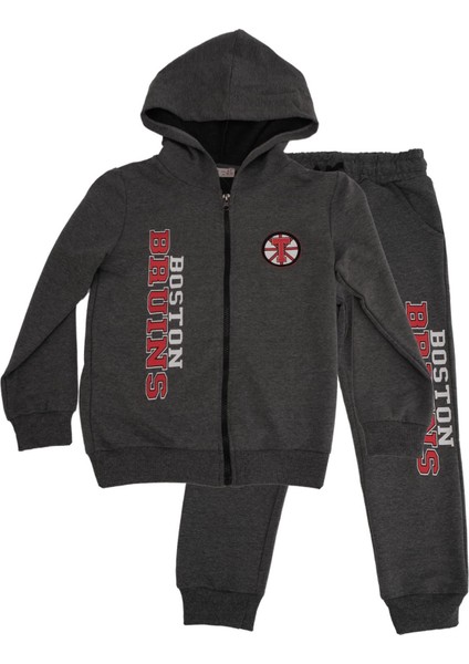 Fermuarlı Kapüşonlu Baskılı Sweatshirt Eşofman Takım