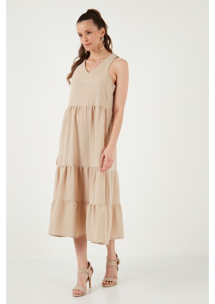 Relaxed Fit V Yaka Volanlı Midi Elbise Kadın Elbise 611EL011 modelleri