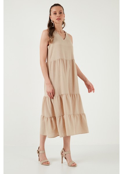 Relaxed Fit V Yaka Volanlı Midi Elbise Kadın Elbise 611EL011 indirimleri