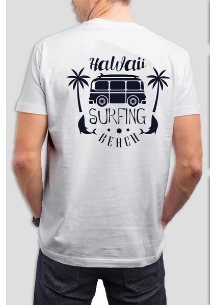 Hawaii Surfing Baskılı Beyaz Unisex Tişört C601