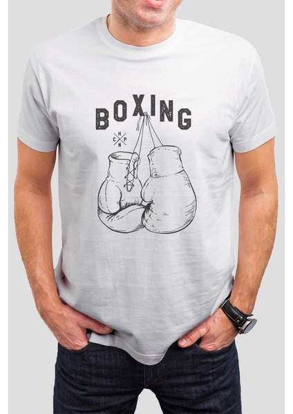 Boxing Baskılı Beyaz Unisex Tişört C565