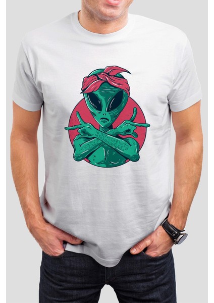 Uzaylı Baskılı Beyaz Unisex Tişört C583