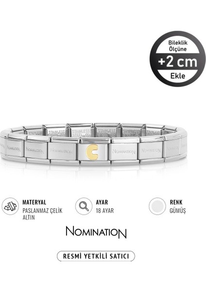 Tekno Trust Gümüş Italy Composable Klasik Paslanmaz Çelik Bileklik Gümüş Rengi ve 18K Altın C Harfi 18 Ayar