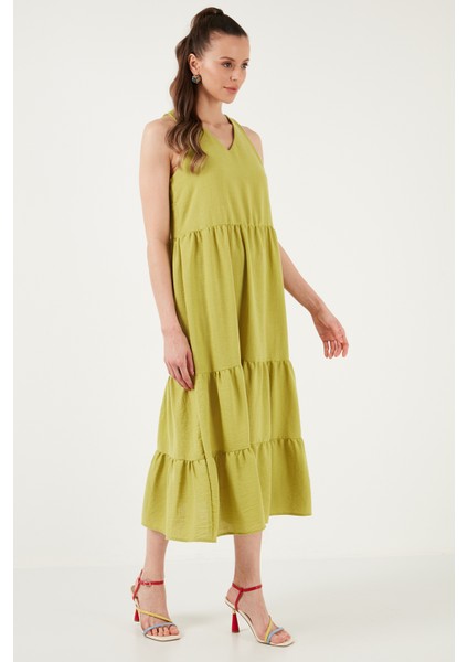 Relaxed Fit V Yaka Volanlı Midi Elbise Kadın Elbise 611EL011 modelleri