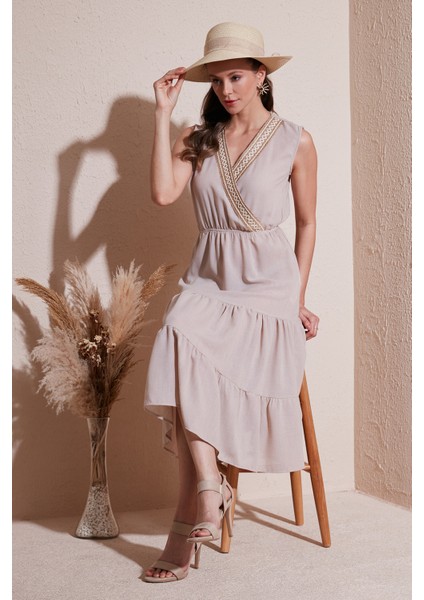 Regular Fit Kruvaze Yaka Midi Elbise Kadın Elbise 6118103