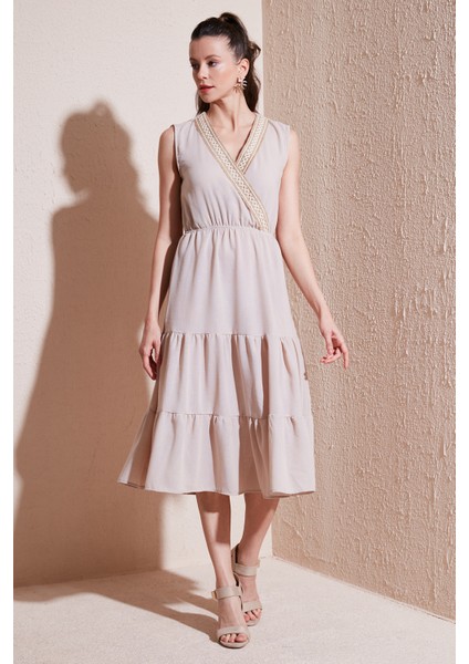 Regular Fit Kruvaze Yaka Midi Elbise Kadın Elbise 6118103