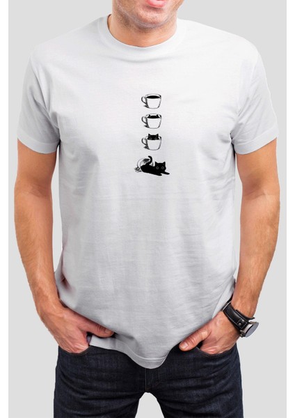 Kahve ve Kedi Baskılı Beyaz Unisex Tişört C575
