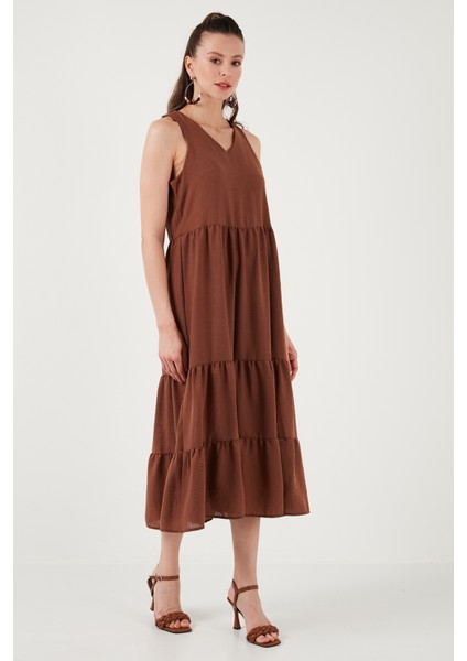 Relaxed Fit V Yaka Volanlı Midi Elbise Kadın Elbise 611EL011 fırsatları