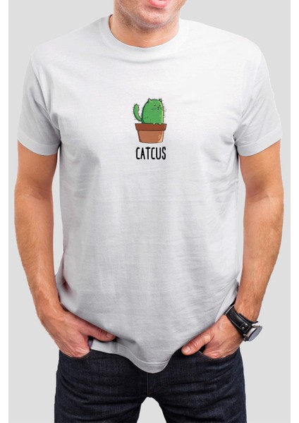 Catcus Baskılı Beyaz Unisex Tişört C556