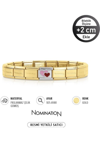 Tekno Trust 1 Yıl Unisex Italy Composable Emaye Pembe Kırmızı Kalp ve Çelik Bileklik Gold 950 Ayar Sarı Gümüş Y
