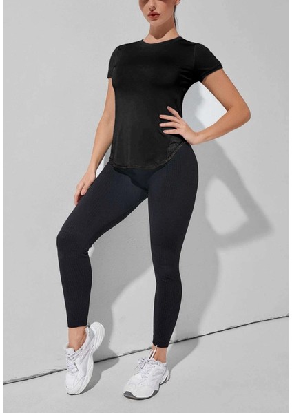 Kadın Dry Fit Running Yoga Hızlı Kuruma Nem Emici Yanları Fileli Hava Alabilen Spor T-Shirt
