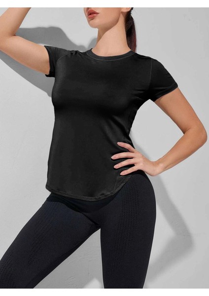 Kadın Dry Fit Running Yoga Hızlı Kuruma Nem Emici Yanları Fileli Hava Alabilen Spor T-Shirt