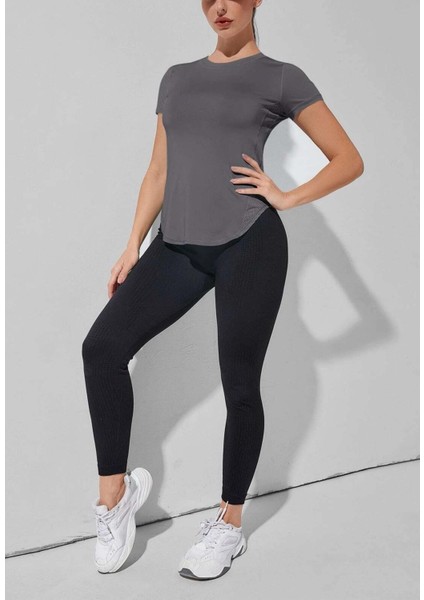 Kadın Dry Fit Running Yoga Hızlı Kuruma Nem Emici Yanları Fileli Hava Alabilen Spor T-Shirt