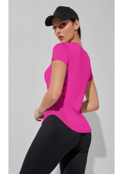 Kadın Dry Fit Running Yoga Hızlı Kuruma Nem Emici Yanları Fileli Hava Alabilen Spor T-Shirt