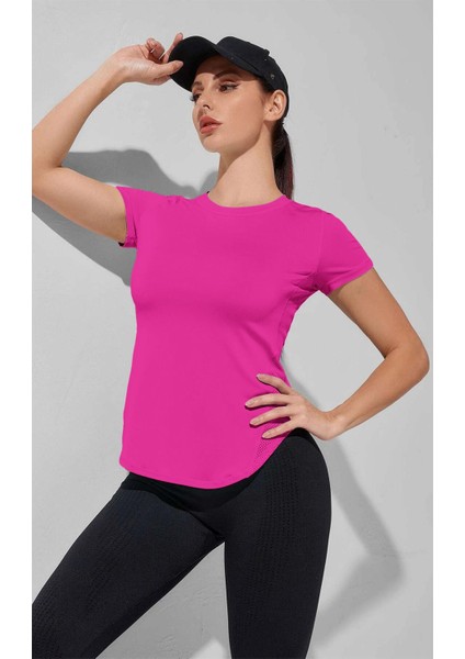 Kadın Dry Fit Running Yoga Hızlı Kuruma Nem Emici Yanları Fileli Hava Alabilen Spor T-Shirt