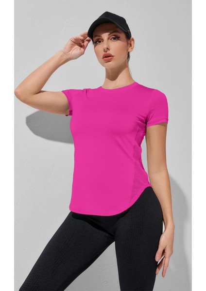 Kadın Dry Fit Running Yoga Hızlı Kuruma Nem Emici Yanları Fileli Hava Alabilen Spor T-Shirt