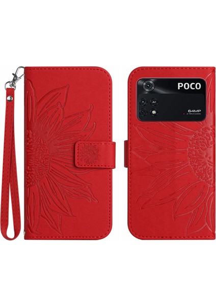 Xiaomi Poco M4 Pro 4g ile Uyumlu Çıkarılabilir Askılı ve Manyetik Kart Tutuculu Kabartmalı Ayçiçeği Cüzdan Telefon Kılıfı (Yurt Dışından)