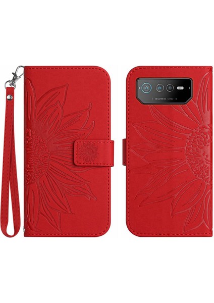 Asus Rog Phone 6 Pro ile Uyumlu Çıkarılabilir Askılı ve Manyetik Kart Tutuculu Kabartmalı Ayçiçeği Cüzdan Telefon Kılıfı (Yurt Dışından)