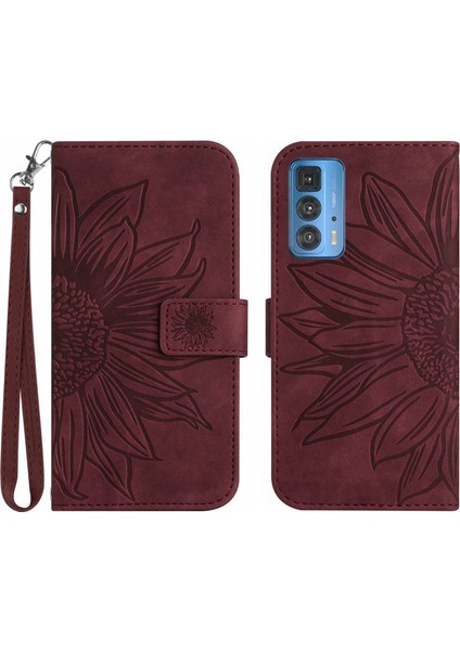 Motorola Edge 20 Pro ile Uyumlu Çıkarılabilir Askılı ve Manyetik Kart Tutuculu Kabartmalı Ayçiçeği Cüzdan Telefon Kılıfı (Yurt Dışından)