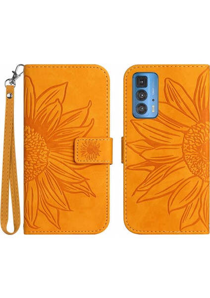 Motorola Edge 20 Pro ile Uyumlu Çıkarılabilir Askılı ve Manyetik Kart Tutuculu Kabartmalı Ayçiçeği Cüzdan Telefon Kılıfı (Yurt Dışından)