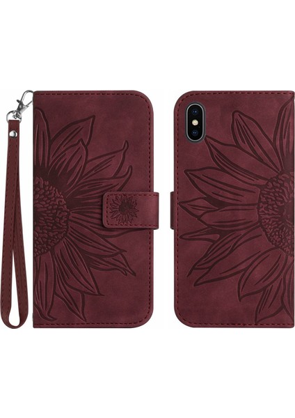 iPhone Xs Max ile Uyumlu Çıkarılabilir Askılı ve Manyetik Kart Tutuculu Kabartmalı Ayçiçeği Cüzdan Telefon Kılıfı (Yurt Dışından)
