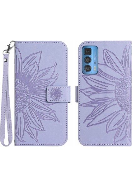 Motorola Edge 20 Pro ile Uyumlu Çıkarılabilir Askılı ve Manyetik Kart Tutuculu Kabartmalı Ayçiçeği Cüzdan Telefon Kılıfı (Yurt Dışından)