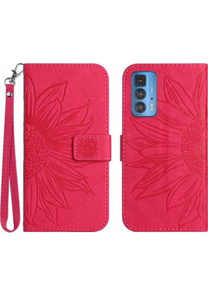 Motorola Edge 20 Pro ile Uyumlu Çıkarılabilir Askılı ve Manyetik Kart Tutuculu Kabartmalı Ayçiçeği Cüzdan Telefon Kılıfı (Yurt Dışından)