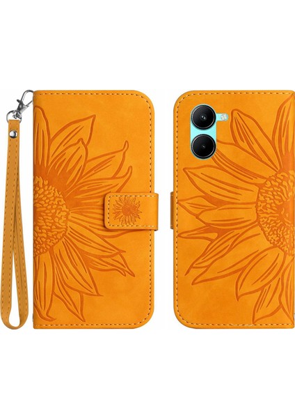 Vıvo Y03 4g ile Uyumlu Çıkarılabilir Askılı ve Manyetik Kart Tutuculu Kabartmalı Ayçiçeği Cüzdan Telefon Kılıfı (Yurt Dışından)