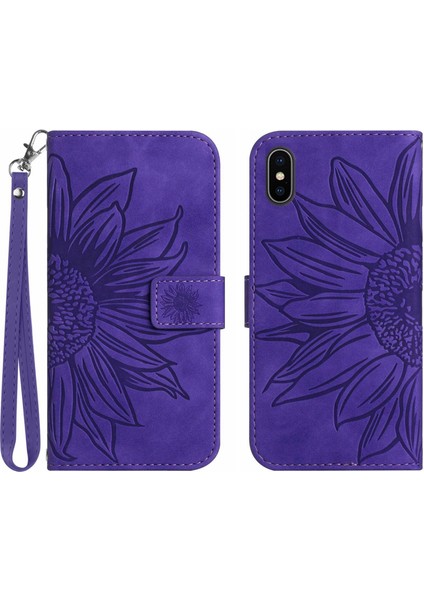 iPhone Xs Max ile Uyumlu Çıkarılabilir Askılı ve Manyetik Kart Tutuculu Kabartmalı Ayçiçeği Cüzdan Telefon Kılıfı (Yurt Dışından)