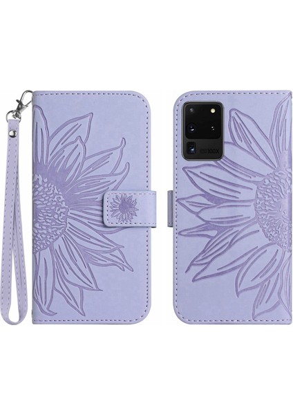 Samsung Galaxy S20 Ultra ile Uyumlu Çıkarılabilir Askılı ve Manyetik Kart Tutuculu Kabartmalı Ayçiçeği Cüzdan Telefon Kılıfı (Yurt Dışından)