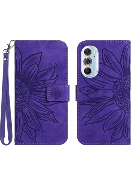 Motorola Edge 30 Pro ile Uyumlu Çıkarılabilir Askılı ve Manyetik Kart Tutuculu Kabartmalı Ayçiçeği Cüzdan Telefon Kılıfı (Yurt Dışından)