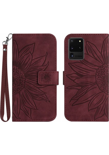 Samsung Galaxy S20 Ultra ile Uyumlu Çıkarılabilir Askılı ve Manyetik Kart Tutuculu Kabartmalı Ayçiçeği Cüzdan Telefon Kılıfı (Yurt Dışından)