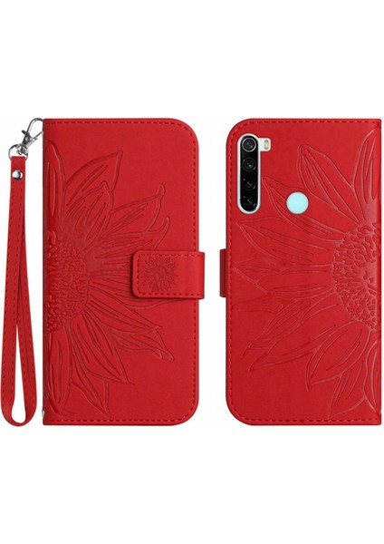 Xiaomi Redmi Note 8t ile Uyumlu Çıkarılabilir Askılı ve Manyetik Kart Tutuculu Kabartmalı Ayçiçeği Cüzdan Telefon Kılıfı (Yurt Dışından)