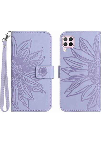 Huawei P40 Lite ile Uyumlu Çıkarılabilir Askılı ve Manyetik Kart Tutuculu Kabartmalı Ayçiçeği Cüzdan Telefon Kılıfı (Yurt Dışından)