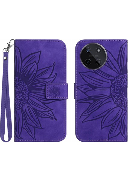 Realme 11 4g ile Uyumlu Çıkarılabilir Askılı ve Manyetik Kart Tutuculu Kabartmalı Ayçiçeği Cüzdan Telefon Kılıfı (Yurt Dışından)