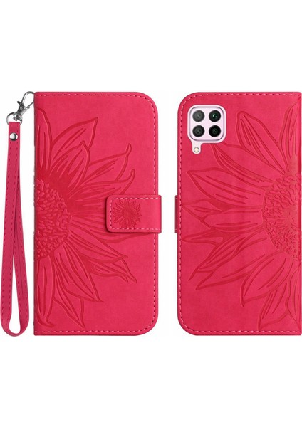 Huawei P40 Lite ile Uyumlu Çıkarılabilir Askılı ve Manyetik Kart Tutuculu Kabartmalı Ayçiçeği Cüzdan Telefon Kılıfı (Yurt Dışından)