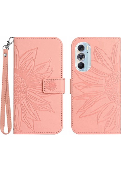 Motorola Edge 30 Pro ile Uyumlu Çıkarılabilir Askılı ve Manyetik Kart Tutuculu Kabartmalı Ayçiçeği Cüzdan Telefon Kılıfı (Yurt Dışından)