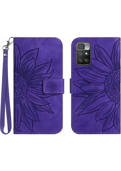 Xiaomi Redmi 10 4g ile Uyumlu Çıkarılabilir Askılı ve Manyetik Kart Tutuculu Kabartmalı Ayçiçeği Cüzdan Telefon Kılıfı (Yurt Dışından)