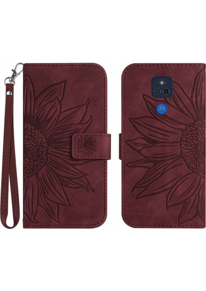 Motorola G Play 2021 ile Uyumlu Çıkarılabilir Askılı ve Manyetik Kart Tutuculu Kabartmalı Ayçiçeği Cüzdan Telefon Kılıfı (Yurt Dışından)