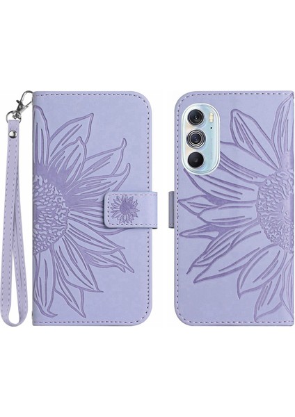 Motorola Edge 30 Pro ile Uyumlu Çıkarılabilir Askılı ve Manyetik Kart Tutuculu Kabartmalı Ayçiçeği Cüzdan Telefon Kılıfı (Yurt Dışından)