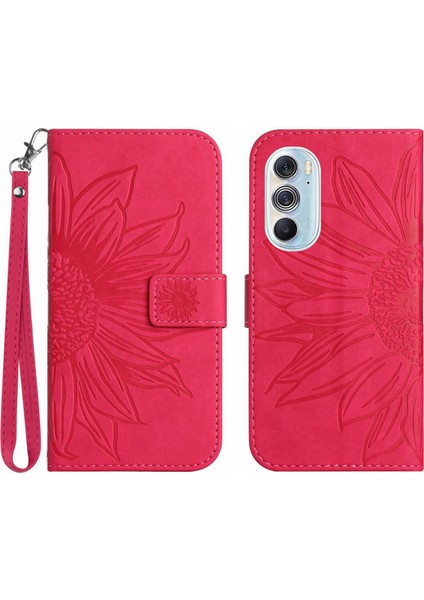 Motorola Edge 30 Pro ile Uyumlu Çıkarılabilir Askılı ve Manyetik Kart Tutuculu Kabartmalı Ayçiçeği Cüzdan Telefon Kılıfı (Yurt Dışından)