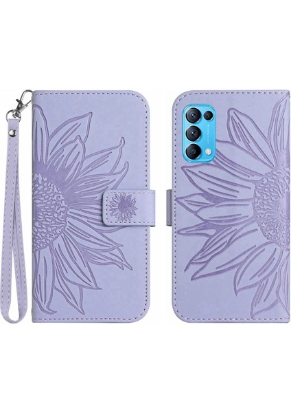 Oppo Reno 5 Pro ile Uyumlu Çıkarılabilir Askılı ve Manyetik Kart Tutuculu Kabartmalı Ayçiçeği Cüzdan Telefon Kılıfı (Yurt Dışından)