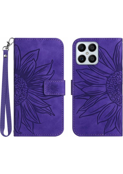 Honor X8 4g ile Uyumlu Çıkarılabilir Askılı ve Manyetik Kart Tutuculu Kabartmalı Ayçiçeği Cüzdan Telefon Kılıfı (Yurt Dışından)