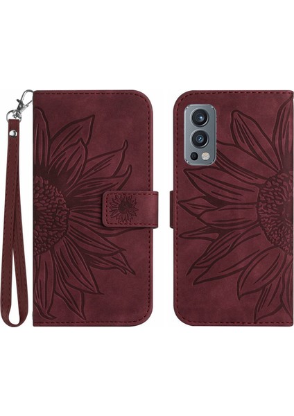 Oneplus Nord 2 ile Uyumlu Çıkarılabilir Askılı ve Manyetik Kart Tutuculu Kabartmalı Ayçiçeği Cüzdan Telefon Kılıfı (Yurt Dışından)