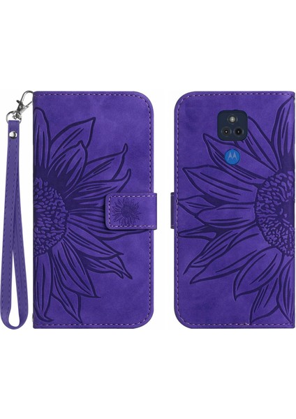 Motorola G Play 2021 ile Uyumlu Çıkarılabilir Askılı ve Manyetik Kart Tutuculu Kabartmalı Ayçiçeği Cüzdan Telefon Kılıfı (Yurt Dışından)