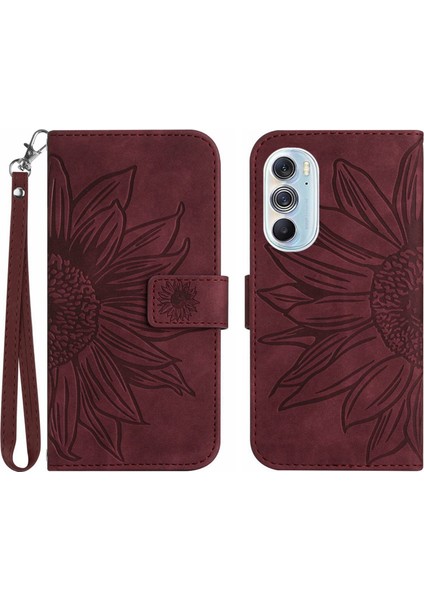 Motorola Edge 30 Pro ile Uyumlu Çıkarılabilir Askılı ve Manyetik Kart Tutuculu Kabartmalı Ayçiçeği Cüzdan Telefon Kılıfı (Yurt Dışından)