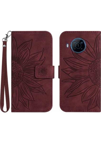 Nokia X20 ile Uyumlu Çıkarılabilir Askılı ve Manyetik Kart Tutuculu Kabartmalı Ayçiçeği Cüzdan Telefon Kılıfı (Yurt Dışından)