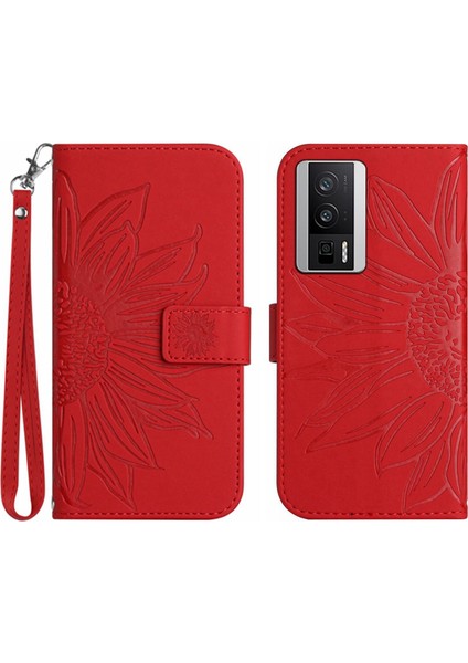 Xiaomi Poco F5 Pro ile Uyumlu Çıkarılabilir Askılı ve Manyetik Kart Tutuculu Kabartmalı Ayçiçeği Cüzdan Telefon Kılıfı (Yurt Dışından)