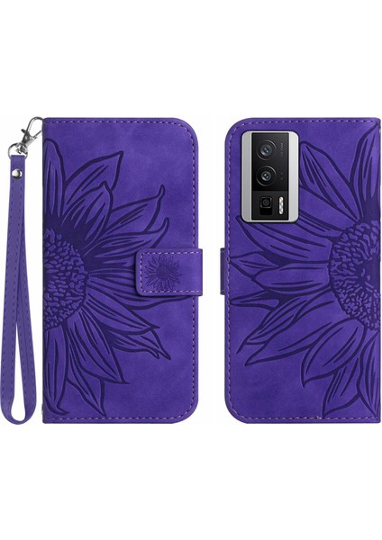 Xiaomi Poco F5 Pro ile Uyumlu Çıkarılabilir Askılı ve Manyetik Kart Tutuculu Kabartmalı Ayçiçeği Cüzdan Telefon Kılıfı (Yurt Dışından)