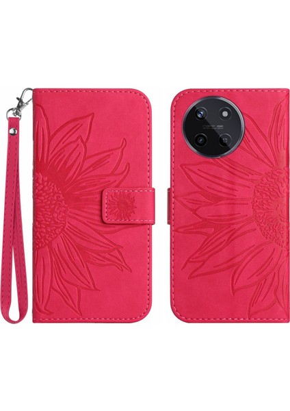 Realme 11 4g ile Uyumlu Çıkarılabilir Askılı ve Manyetik Kart Tutuculu Kabartmalı Ayçiçeği Cüzdan Telefon Kılıfı (Yurt Dışından)